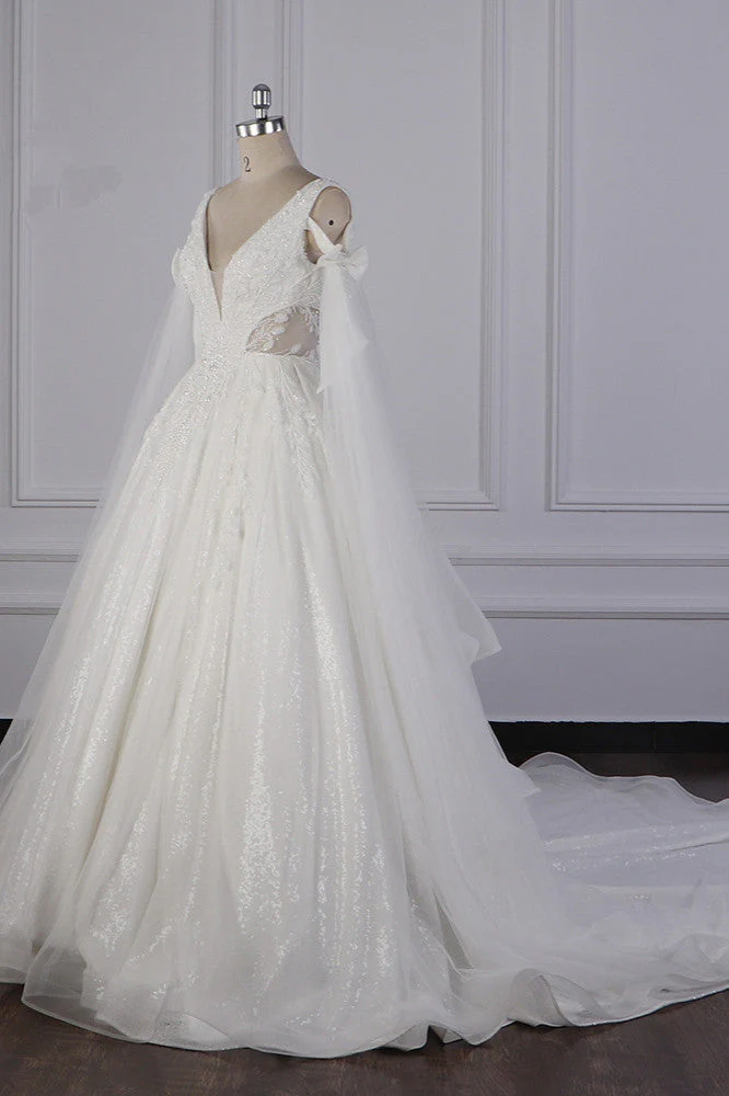 Luxury V-Neck Beadings Wedding Dress Tulle Sleeveless Sequined Bridal Gowns - Image 2