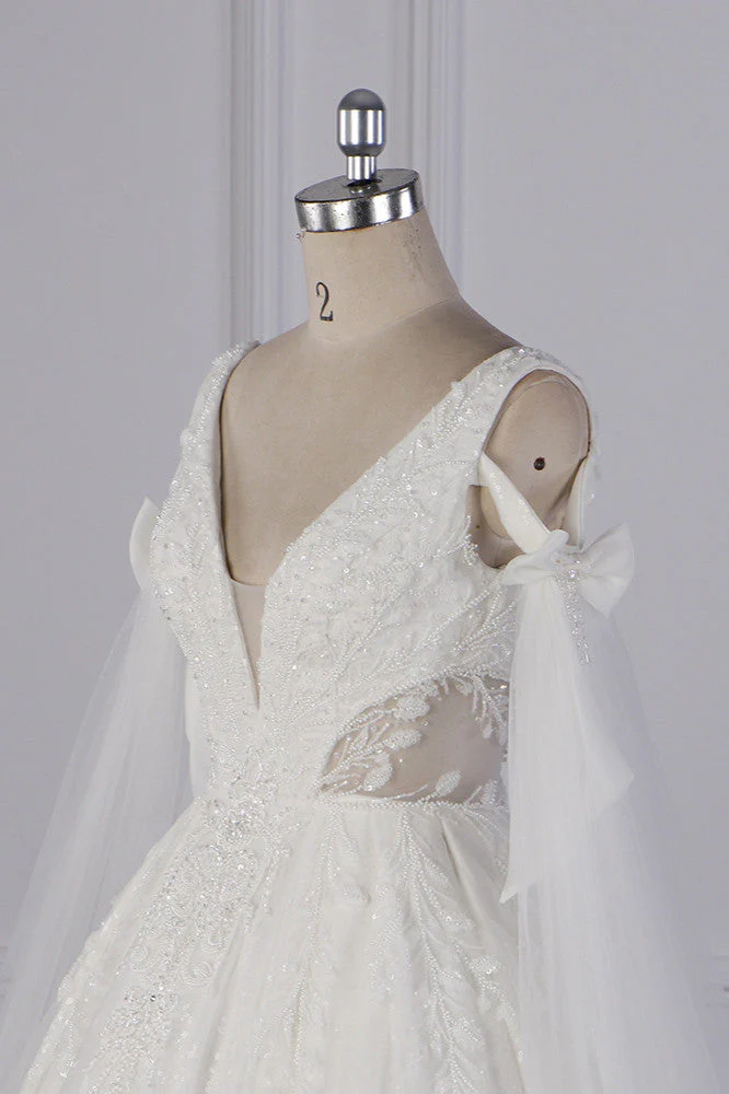 Luxury V-Neck Beadings Wedding Dress Tulle Sleeveless Sequined Bridal Gowns - Image 3