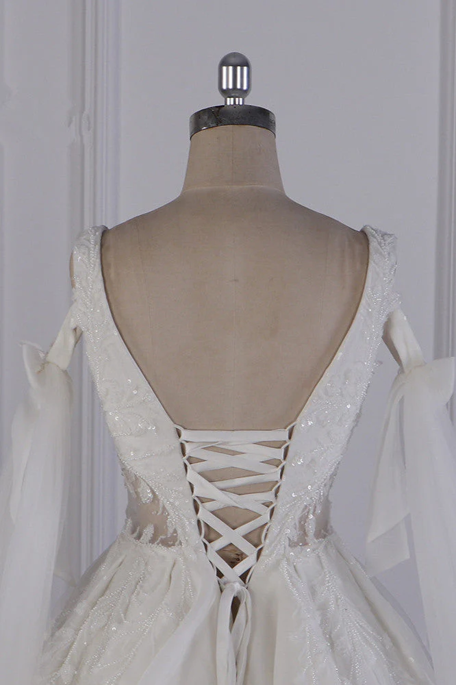 Luxury V-Neck Beadings Wedding Dress Tulle Sleeveless Sequined Bridal Gowns - Image 5