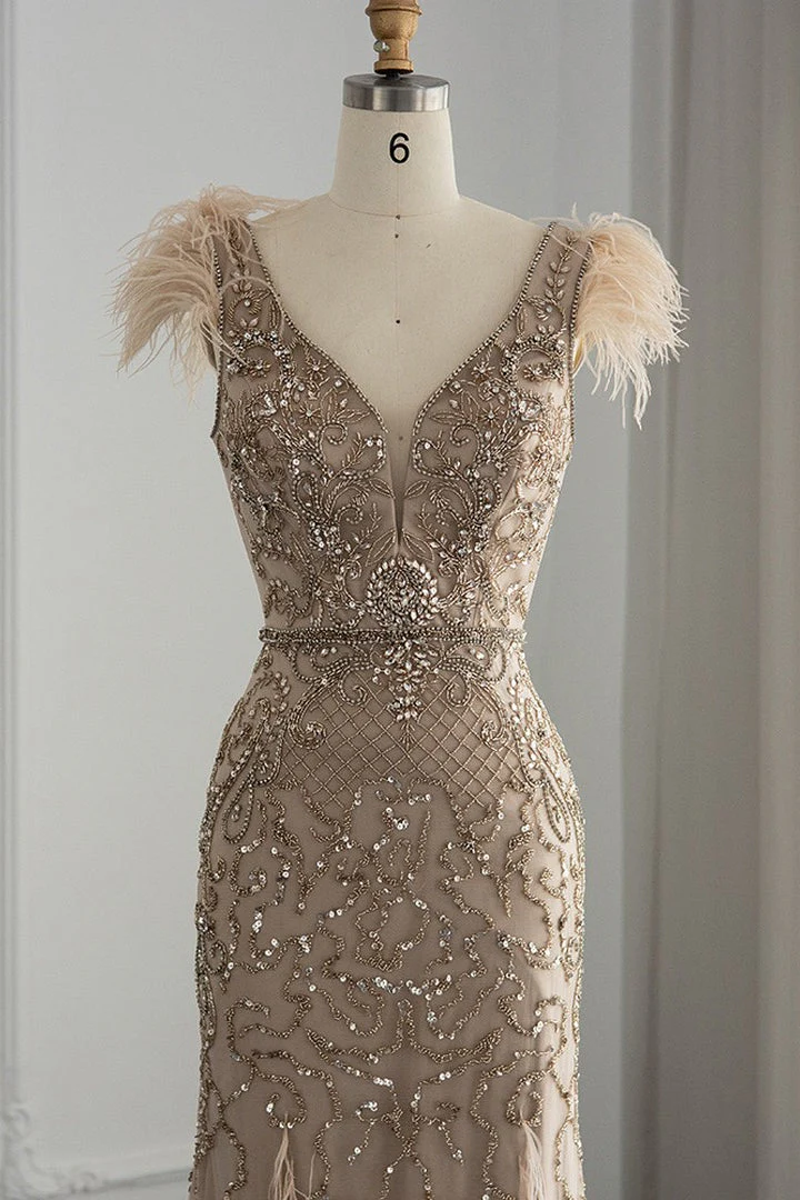 Luxury V Neck Mermaid Evening Prom Dress with Feathers Appliques - Image 2