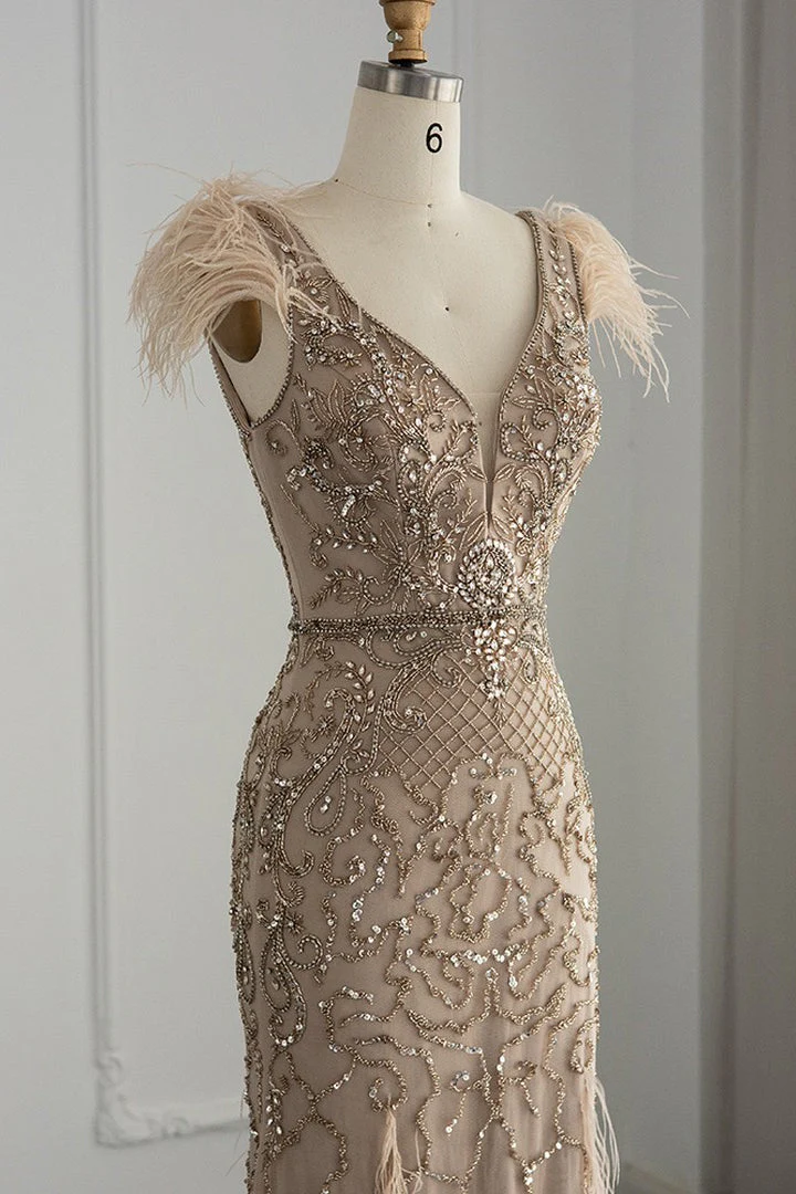 Luxury V Neck Mermaid Evening Prom Dress with Feathers Appliques - Image 3