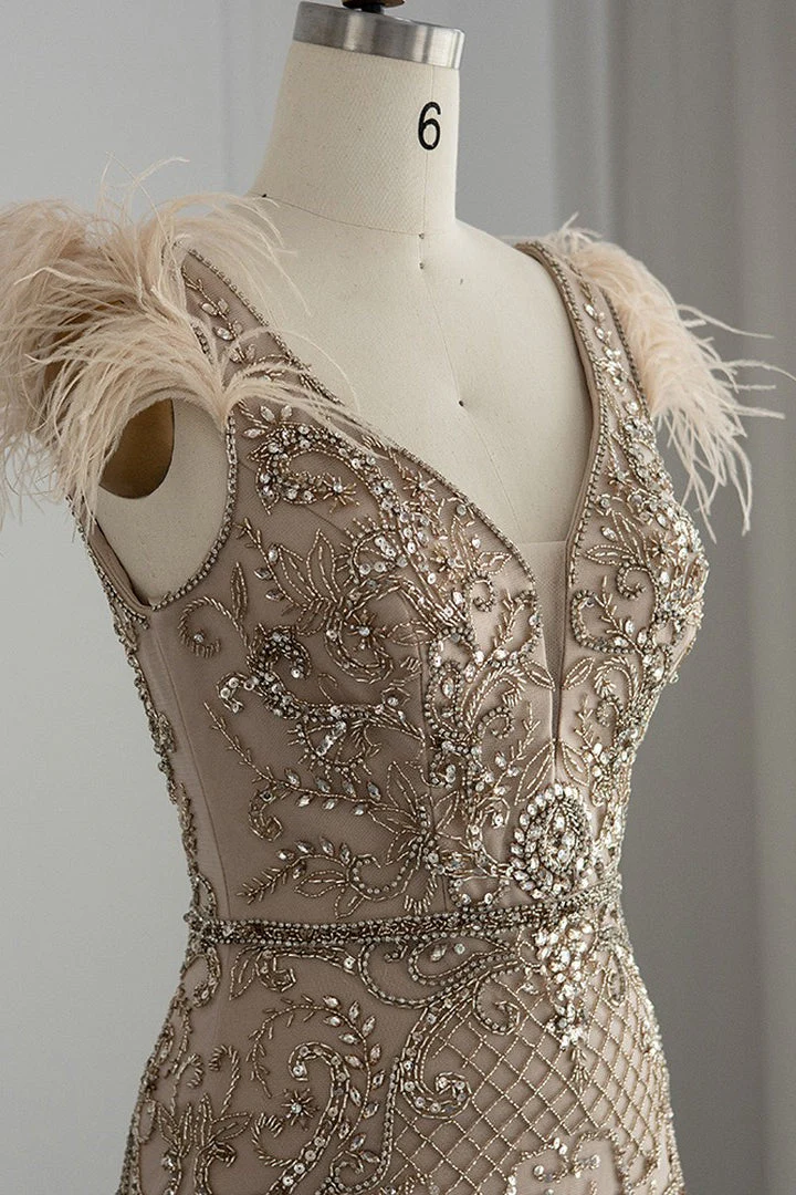 Luxury V Neck Mermaid Evening Prom Dress with Feathers Appliques - Image 4