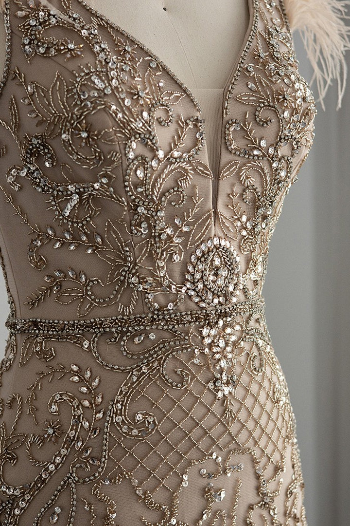 Luxury V Neck Mermaid Evening Prom Dress with Feathers Appliques - Image 5