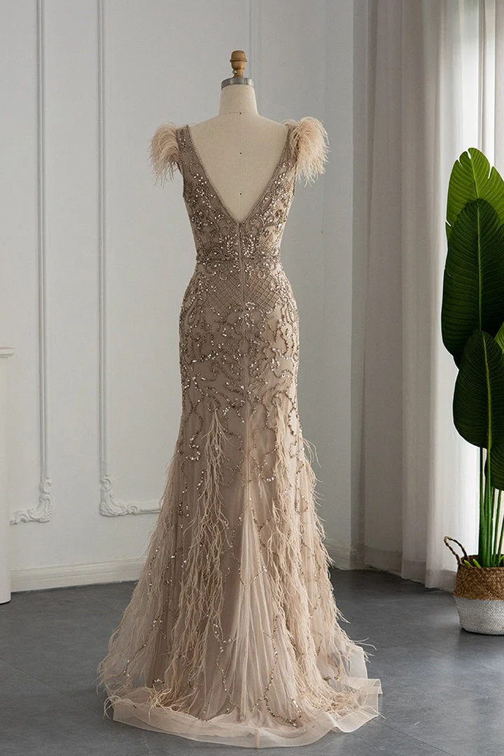 Luxury V Neck Mermaid Evening Prom Dress with Feathers Appliques - Image 6
