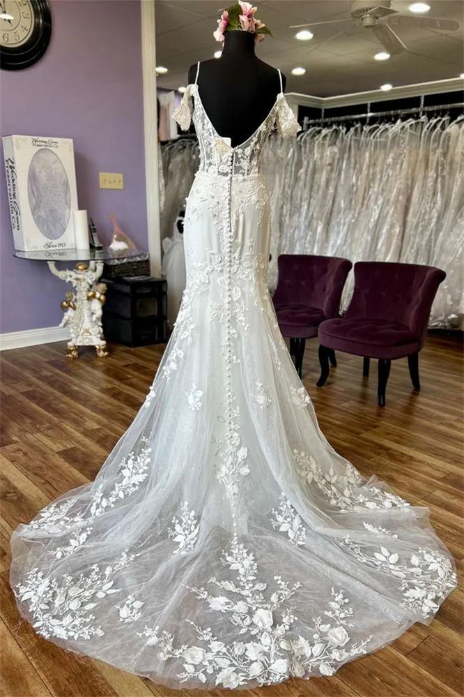 Luxury V-Neck Off-The-Shoulder Wedding Dresses Sleeveless Spaghetti-Straps Appliques Lace Open Back With Buttons - Image 2