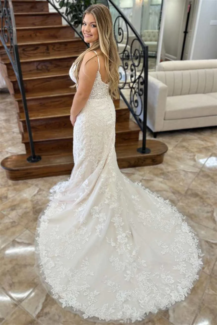 Luxury V-Neck Sleeveless Mermaid Wedding Dresses Applique Lace Spaghetti-Straps Open Back With Buttons - Image 5