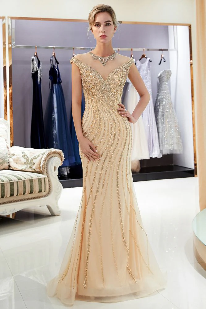 MARTHA Mermaid Floor Length Sleeveless Golden Beading Evening Gowns - Image 4
