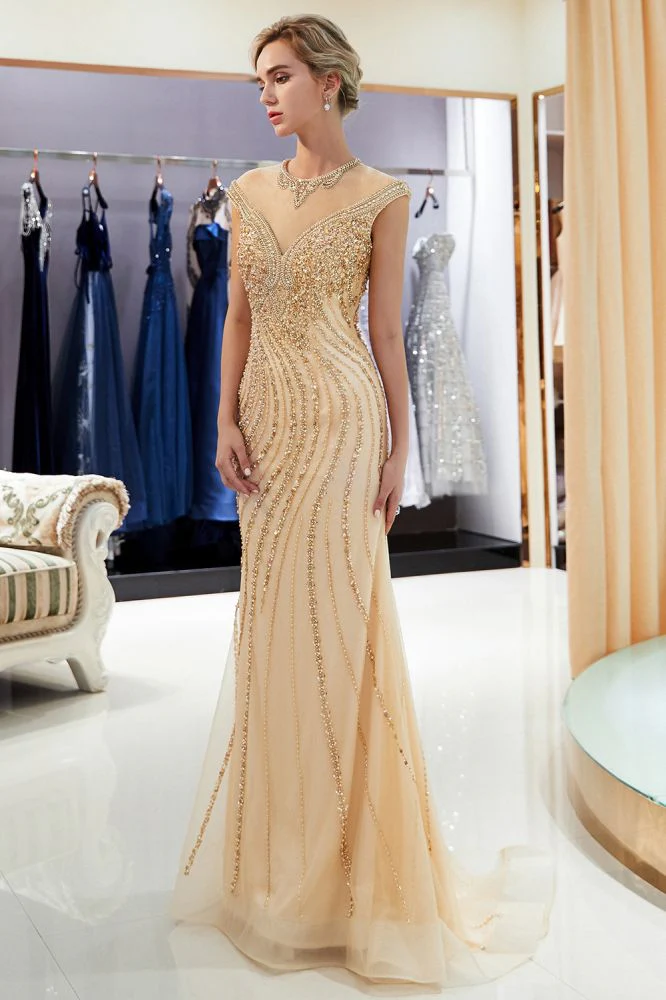 MARTHA Mermaid Floor Length Sleeveless Golden Beading Evening Gowns - Image 5