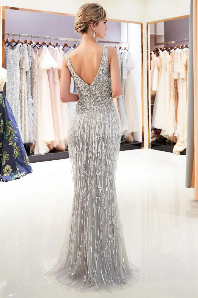 MARY Mermaid Deep V-neck Sleeveless Tassel Beading Party Dresses - Image 2