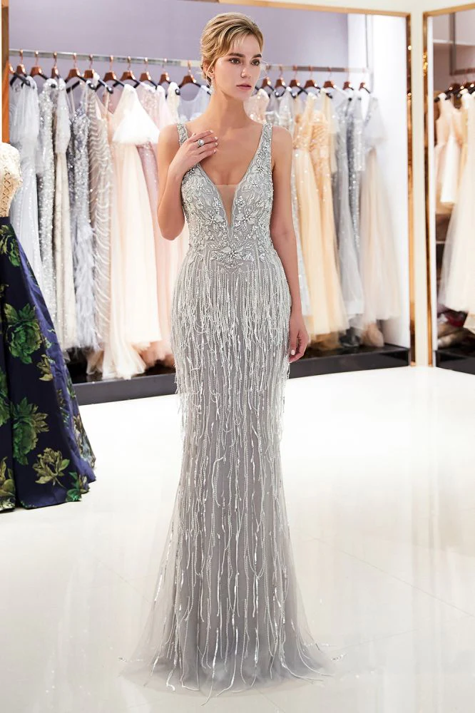 MARY Mermaid Deep V-neck Sleeveless Tassel Beading Party Dresses - Image 3