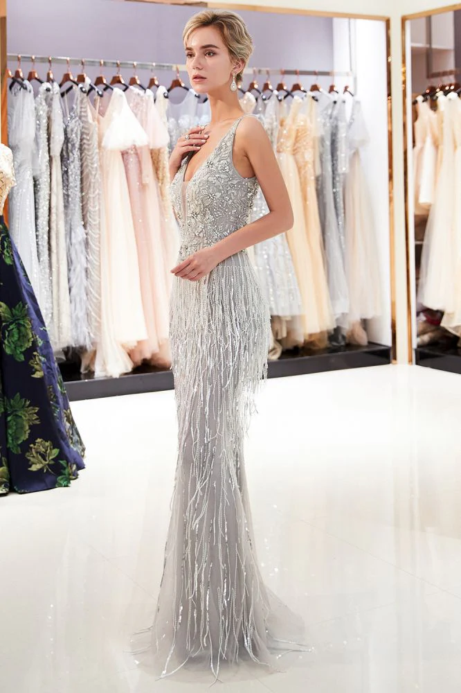 MARY Mermaid Deep V-neck Sleeveless Tassel Beading Party Dresses - Image 5