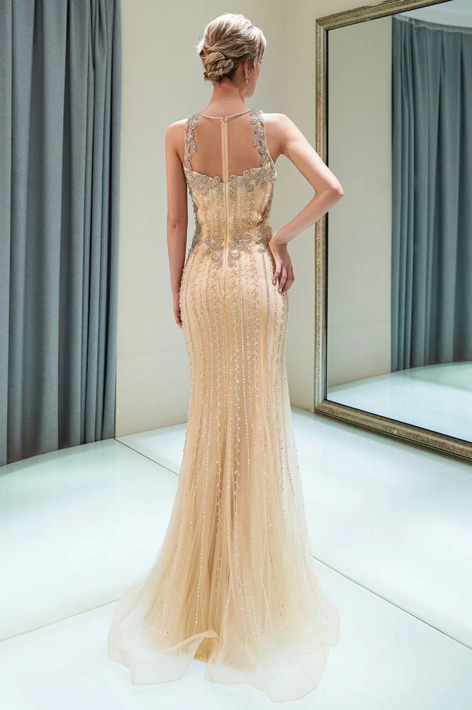 MATILDA Mermaid Floor Length Sleeveless Beading Golden Evening Dresses - Image 2