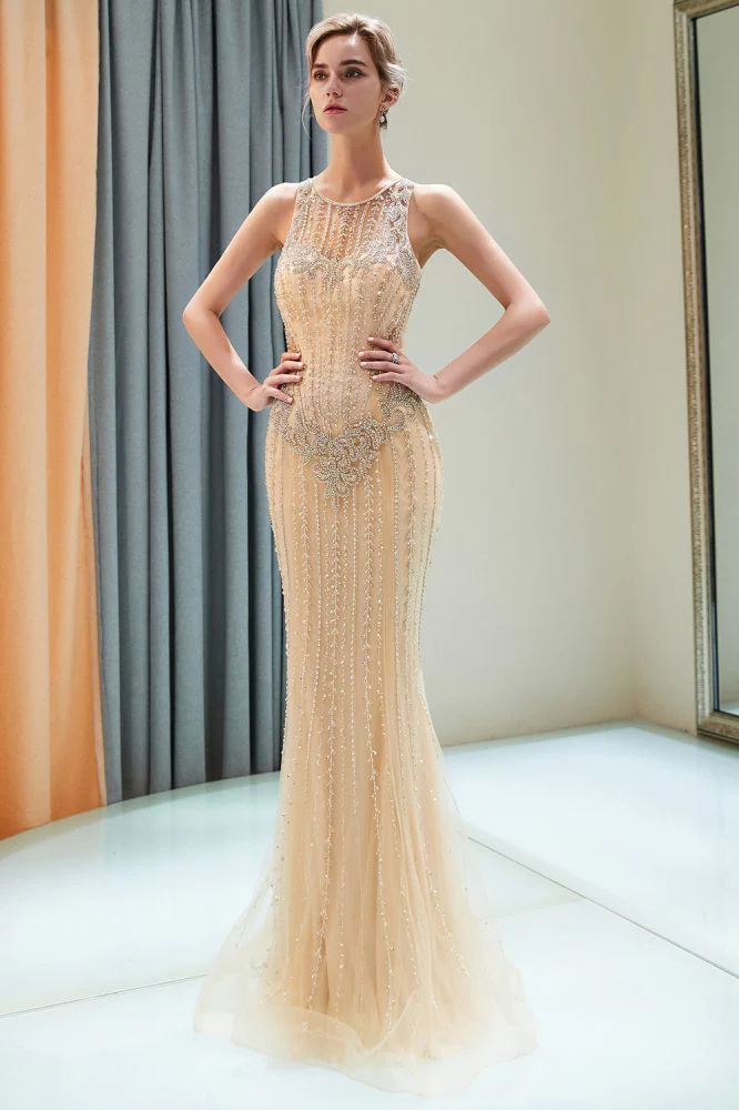 MATILDA Mermaid Floor Length Sleeveless Beading Golden Evening Dresses - Image 5