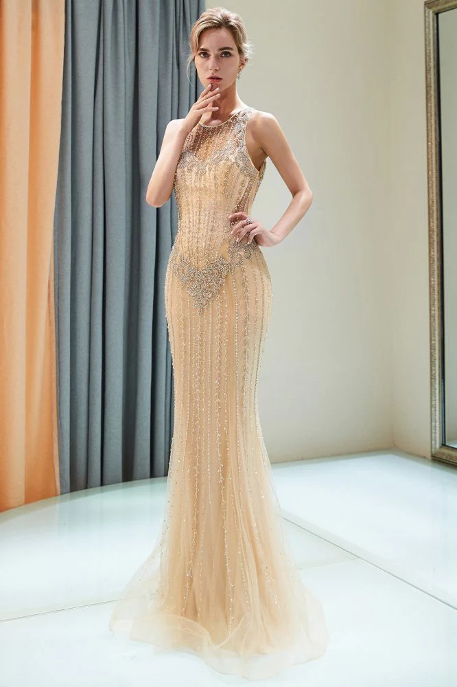 MATILDA Mermaid Floor Length Sleeveless Beading Golden Evening Dresses - Image 6