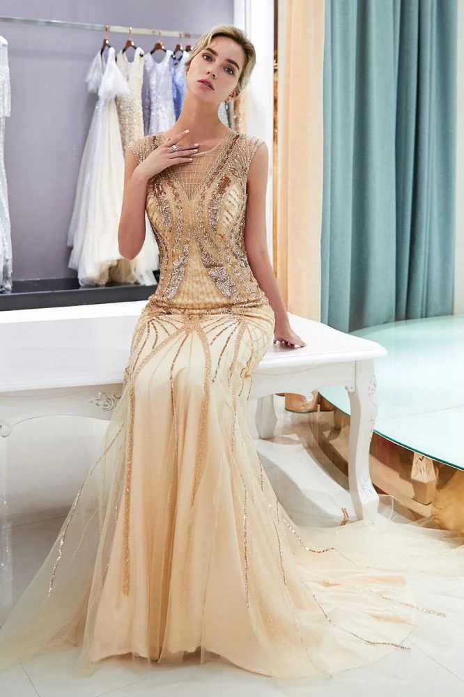 MAUD Mermaid Sleeveless Golden Sequins Beading Formal Party Dresses - Image 2