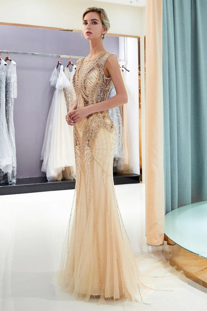 MAUD Mermaid Sleeveless Golden Sequins Beading Formal Party Dresses - Image 3