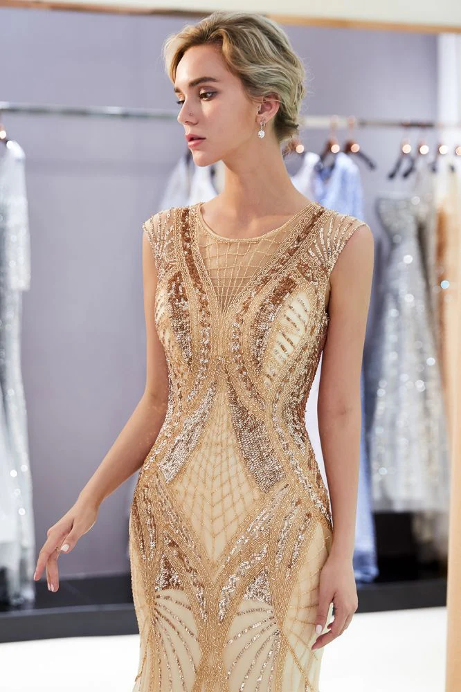 MAUD Mermaid Sleeveless Golden Sequins Beading Formal Party Dresses - Image 5