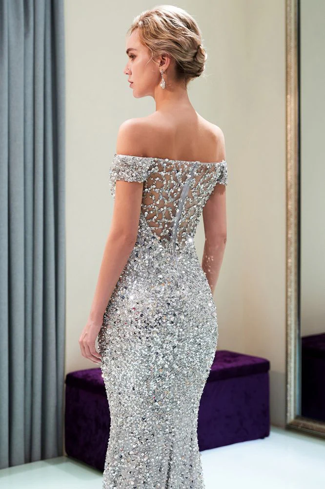 MAUDE Mermaid Off-the-shoulder Long Sequins Silver Evening Gowns - Image 13