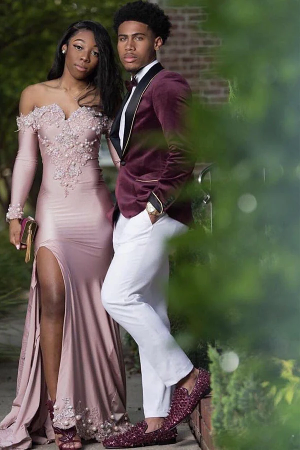 Mauve Velvet Prom Suit with Black Shawl Lapel and White Pants - Image 2