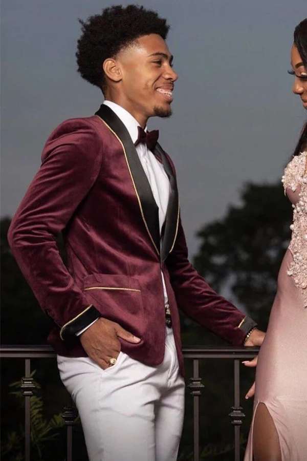 Mauve Velvet Prom Suit with Black Shawl Lapel and White Pants - Image 3