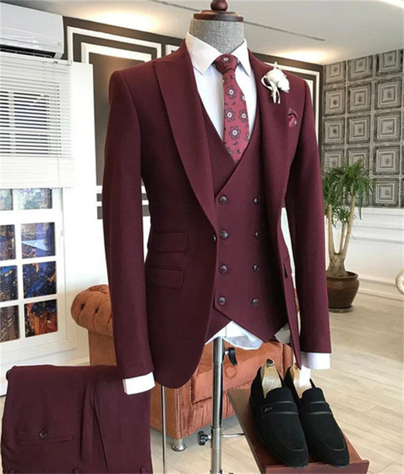 Burgundy Peaked Lapel Three Pieces Men's Suit - Image 2