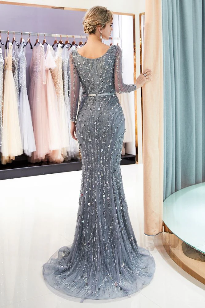 MAVIS Mermaid Long Sleevess V-neck Sequins Evening Gowns with Sash - Image 2