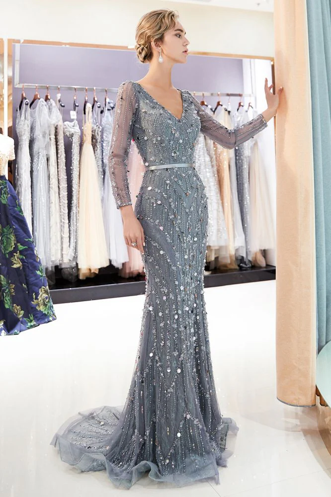 MAVIS Mermaid Long Sleevess V-neck Sequins Evening Gowns with Sash - Image 4