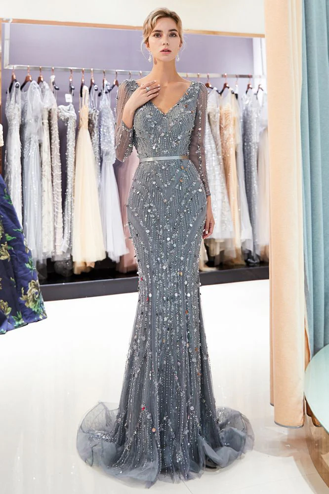 MAVIS Mermaid Long Sleevess V-neck Sequins Evening Gowns with Sash - Image 6