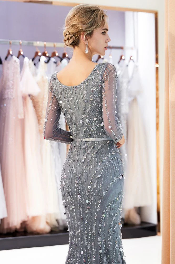 MAVIS Mermaid Long Sleevess V-neck Sequins Evening Gowns with Sash - Image 7