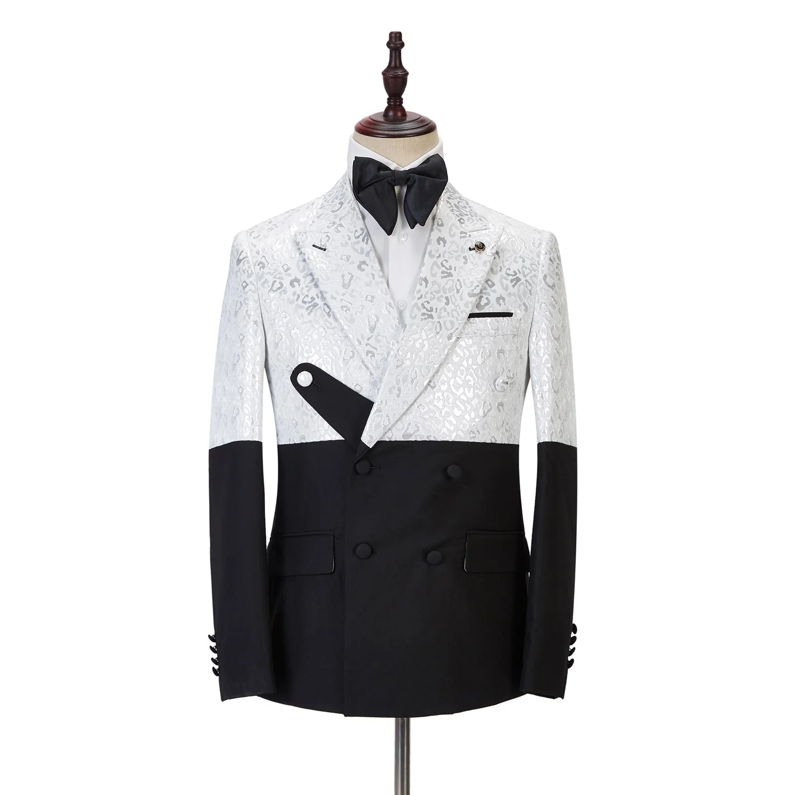 Black and White Jacquard Peaked Lapel Men Suits Online - Image 2
