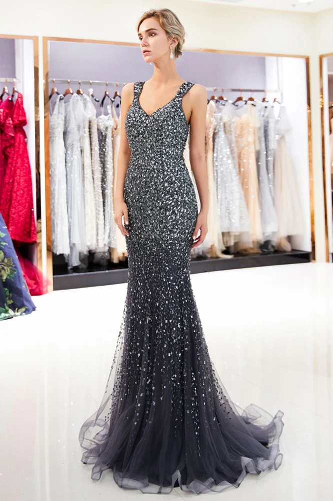 MAY Mermaid Floor Length V-neck Sleeveless Crystals Beading Formal Party Dresses - Image 10