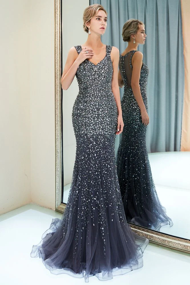 MAY Mermaid Floor Length V-neck Sleeveless Crystals Beading Formal Party Dresses - Image 11