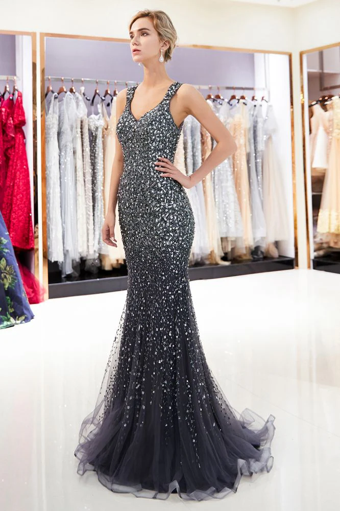 MAY Mermaid Floor Length V-neck Sleeveless Crystals Beading Formal Party Dresses - Image 12