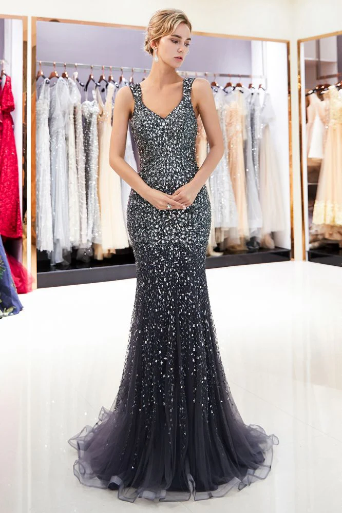 MAY Mermaid Floor Length V-neck Sleeveless Crystals Beading Formal Party Dresses - Image 2