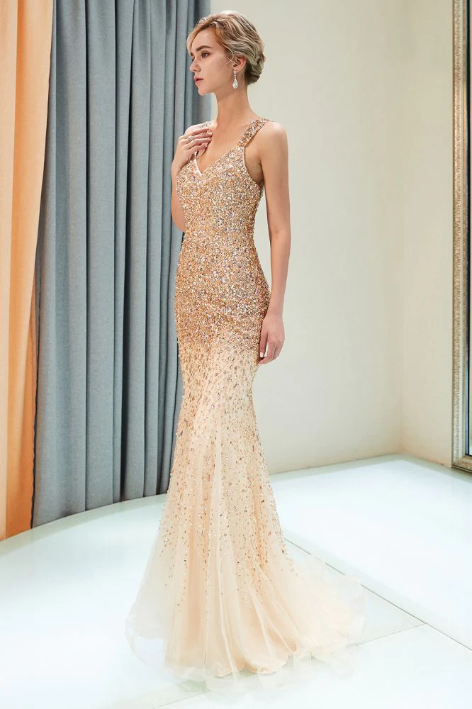 MAY Mermaid Floor Length V-neck Sleeveless Crystals Beading Formal Party Dresses - Image 5