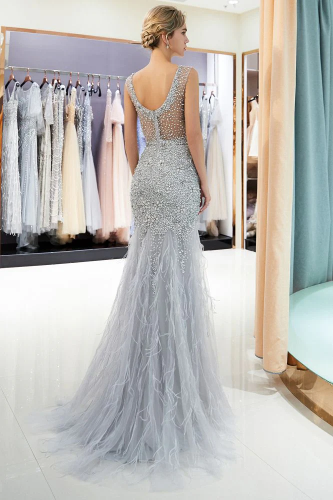 MEG Mermaid Sleeveless Illusion Neckline Crystal Sqeuined Tulle Evening Dresses - Image 2