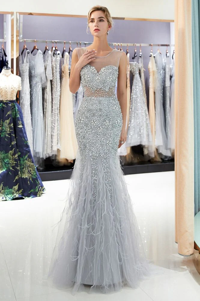 MEG Mermaid Sleeveless Illusion Neckline Crystal Sqeuined Tulle Evening Dresses - Image 3