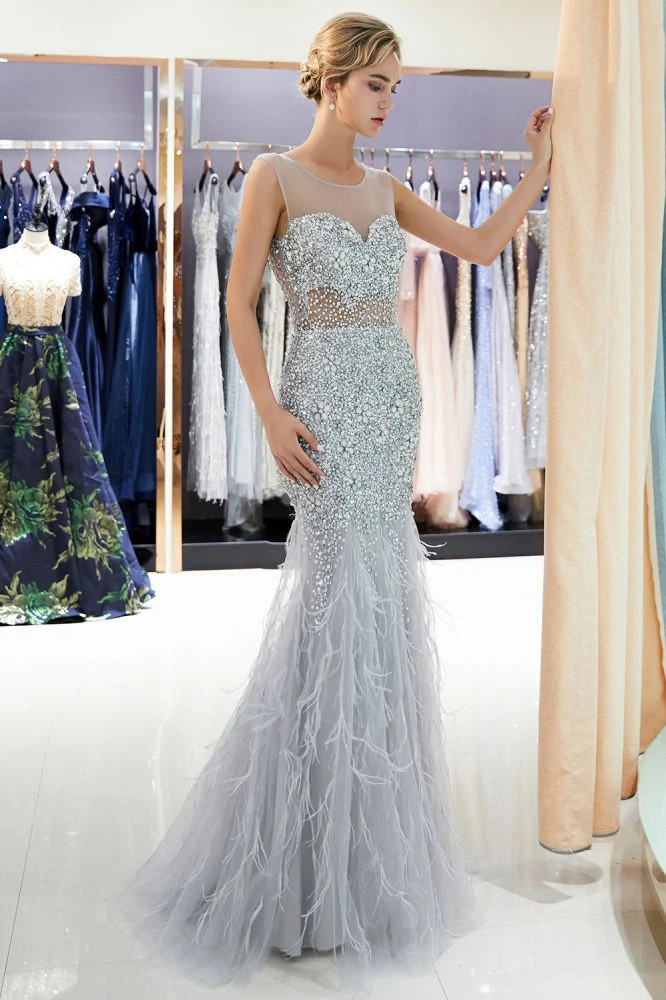 MEG Mermaid Sleeveless Illusion Neckline Crystal Sqeuined Tulle Evening Dresses - Image 4