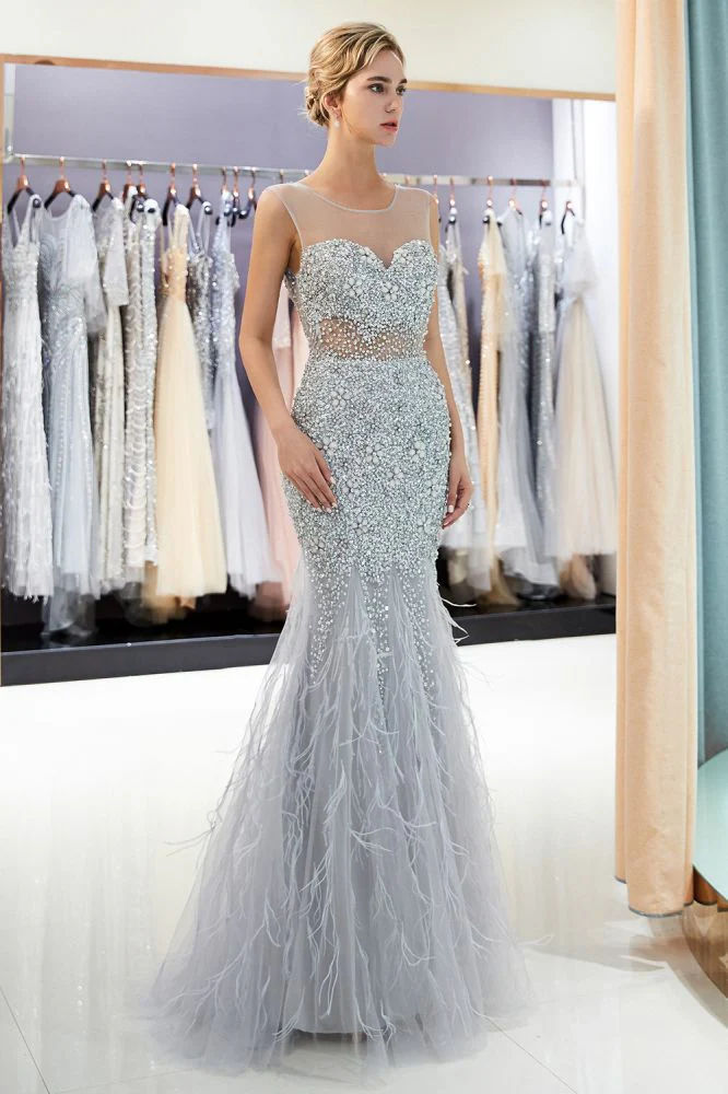 MEG Mermaid Sleeveless Illusion Neckline Crystal Sqeuined Tulle Evening Dresses - Image 5
