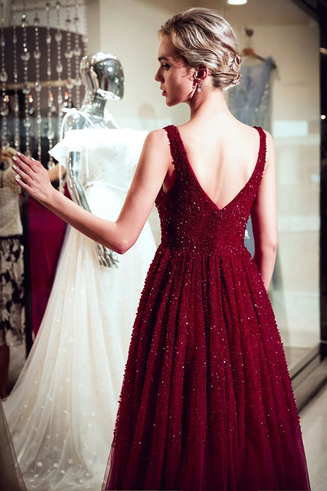 MELANIE A-line Long V-neck Sleeveless Burgundy Sequins Tulle Evening Dresses - Image 2