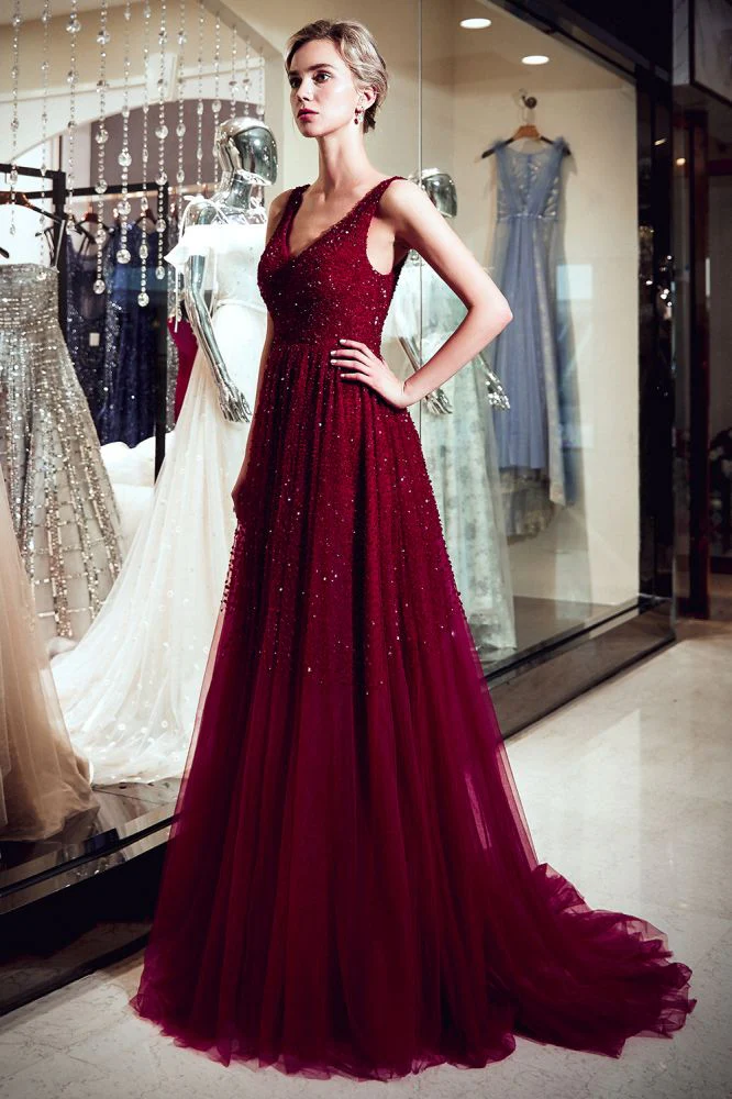 MELANIE A-line Long V-neck Sleeveless Burgundy Sequins Tulle Evening Dresses - Image 3