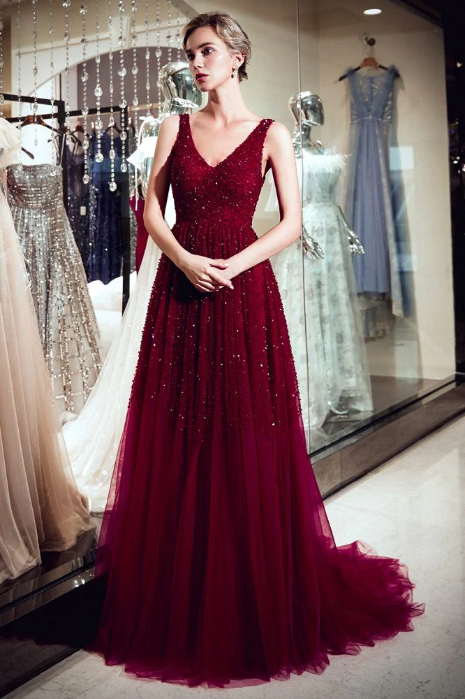 MELANIE A-line Long V-neck Sleeveless Burgundy Sequins Tulle Evening Dresses - Image 4