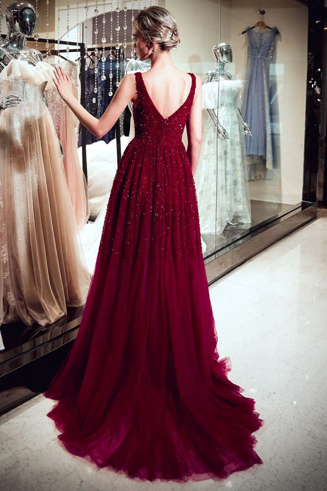 MELANIE A-line Long V-neck Sleeveless Burgundy Sequins Tulle Evening Dresses - Image 5