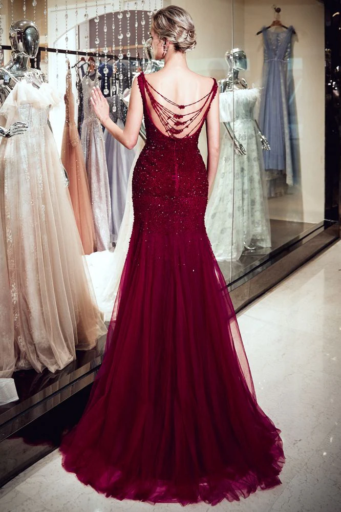 MELBA Mermaid Sleeveless Long Sequined Tulle Burgundy Evening Gowns - Image 2