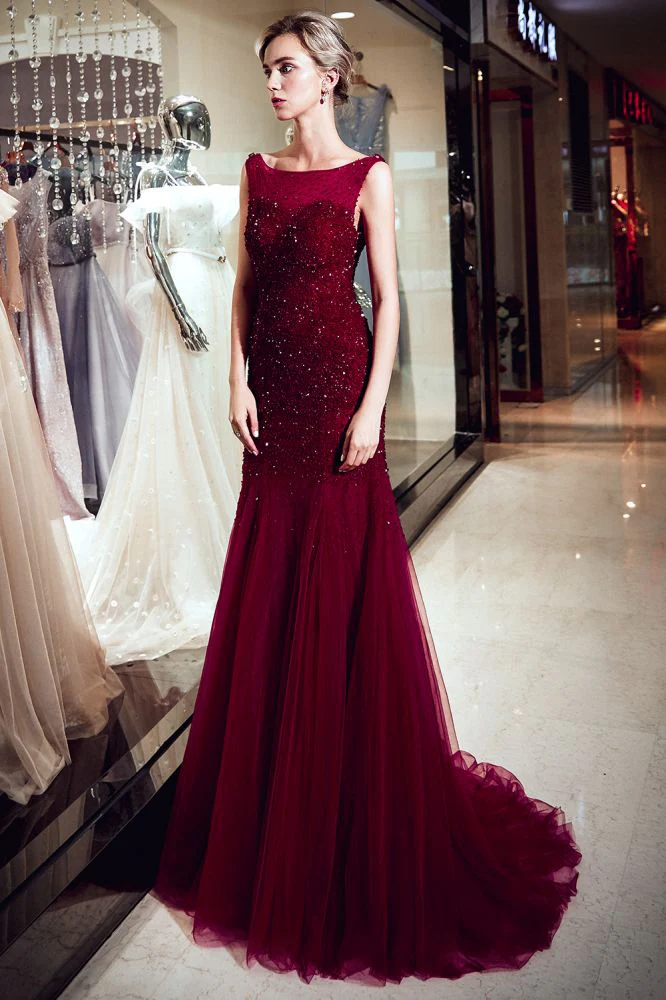MELBA Mermaid Sleeveless Long Sequined Tulle Burgundy Evening Gowns - Image 3