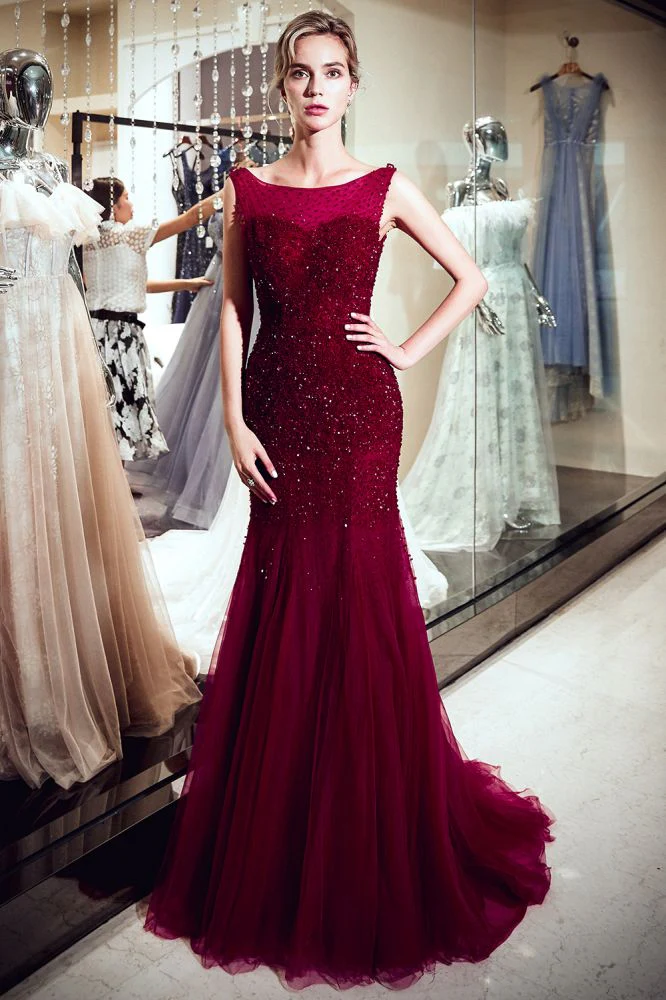 MELBA Mermaid Sleeveless Long Sequined Tulle Burgundy Evening Gowns - Image 4