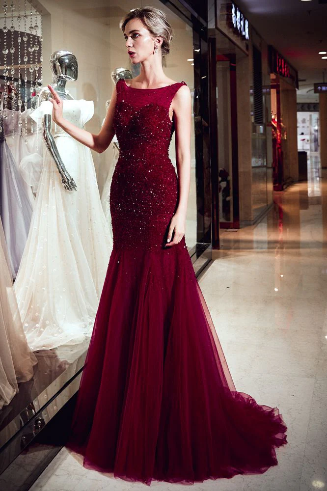MELBA Mermaid Sleeveless Long Sequined Tulle Burgundy Evening Gowns - Image 5
