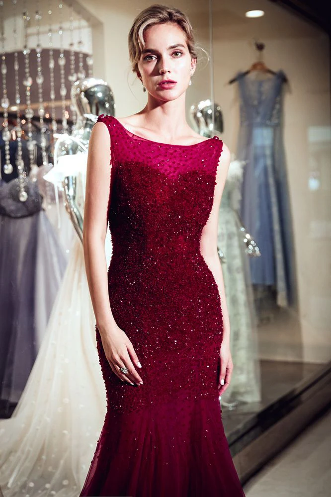MELBA Mermaid Sleeveless Long Sequined Tulle Burgundy Evening Gowns - Image 6