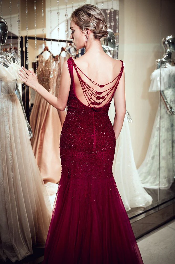 MELBA Mermaid Sleeveless Long Sequined Tulle Burgundy Evening Gowns - Image 7