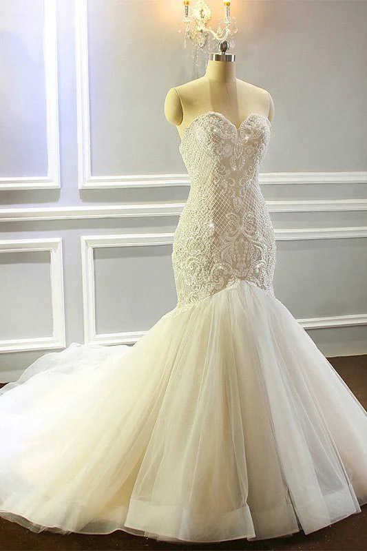Mermaid Appliques Sweetheart Wedding Dresses Sleeveless Tulle Pleated Bridal Gowns - Image 2